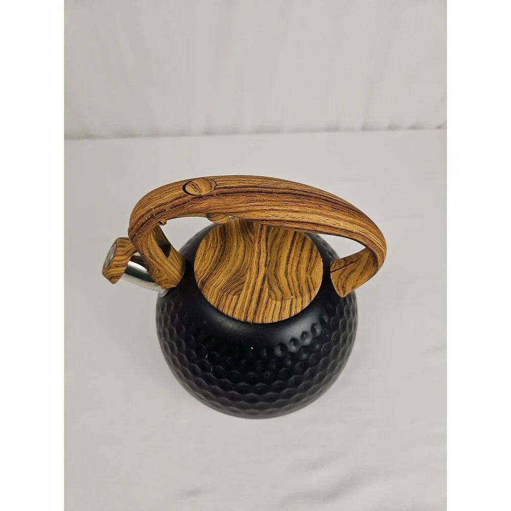 Black Whistling Tea Kettle Wood Grain Handle Honeycomb Stovetop Teapot